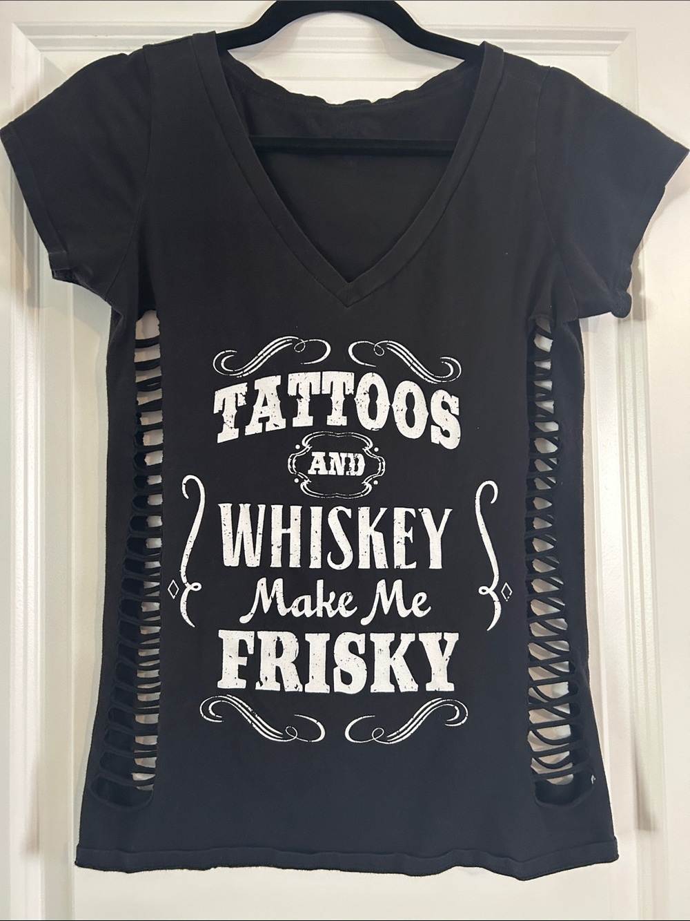 Black Graphic Tee with Side Cutouts - "Tattoos and Whiskey Make Me Frisky"